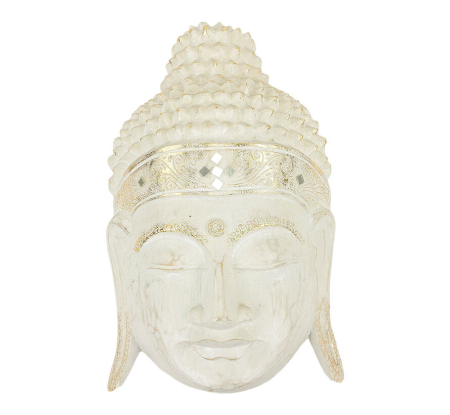 Wanddecoratie hout masker boeddha wit l