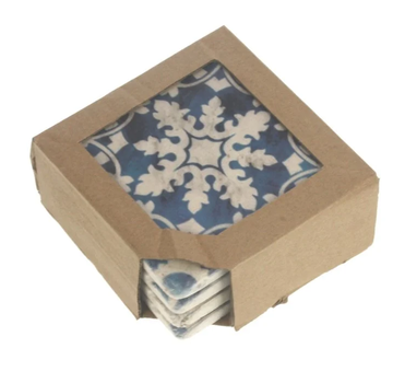 Meander Onderzetters blauw wit, set van 4 10x1x10cm