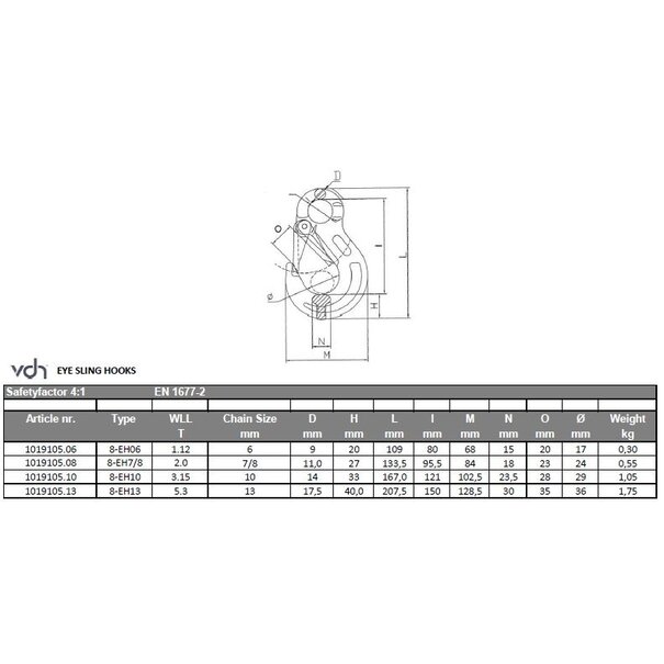 VDH Eye sling hook / forged safety latch, Grade 80