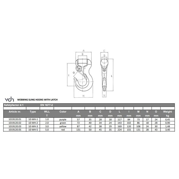 VDH Sling hook 1 ton, Grade 100