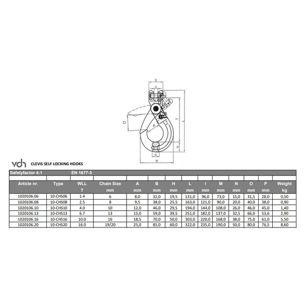 VDH Clevis self locking hook, grade 100