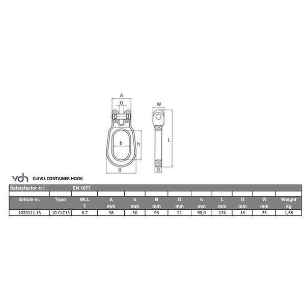 VDH Crochet pour conteneur, Grade 100