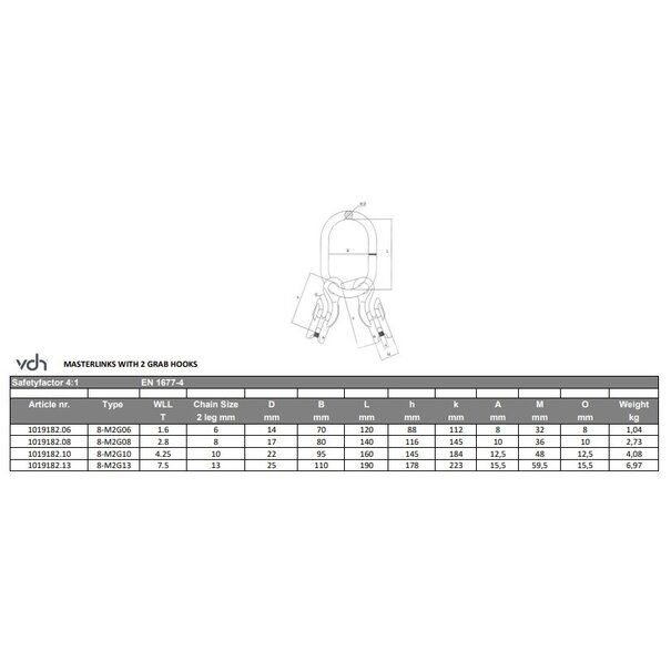 VDH Master Link With Shortening Hooks | 2-legs, Grade 80