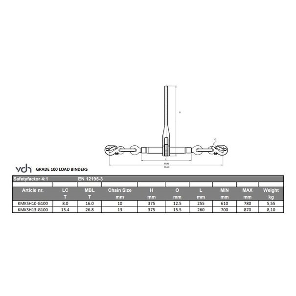 VDH KETTINGSPANNER MET INKORTHAKEN, GRADE 100