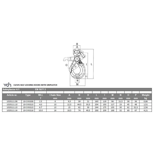 VDH Clevis self locking hook with griplatch, grade 100