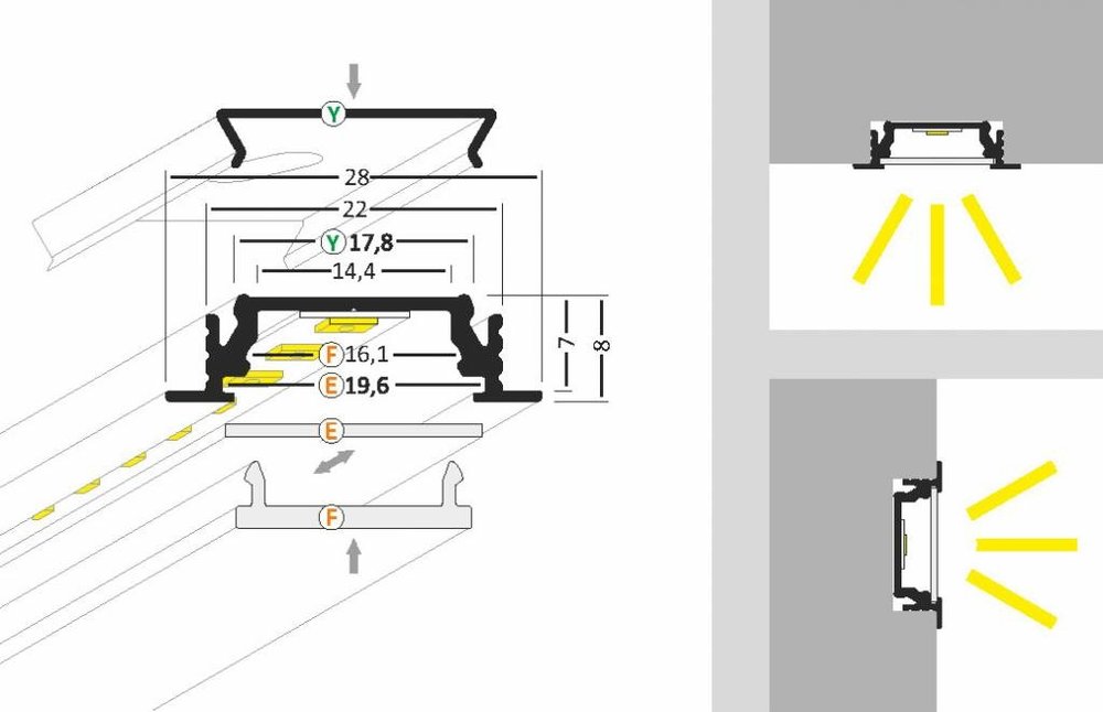 LINEA14 Profilé LED encastré de 14mm 1m-2m