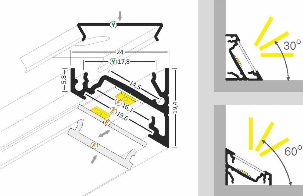 ANGLE14 Profilé LED Surface 14mm 1m-2m