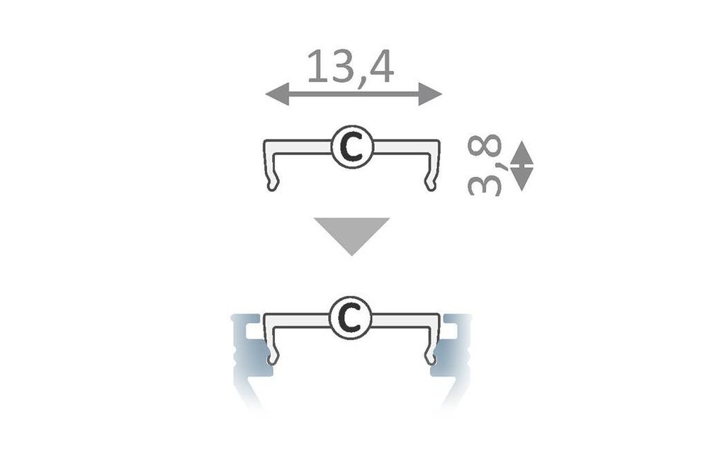 Couvercle C ClickDessus en longueur de 1m ou 2m pour les profils OMNI, FLUID, LINEA, SUB, ANGLE10, TRIAD, EDGE, CURVA, BEND, ROTO12, STRADA, LUMO et OBAR.