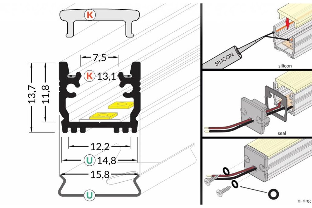 STEPON Profilés LED 12mm pour sol / plancher 1m-2m