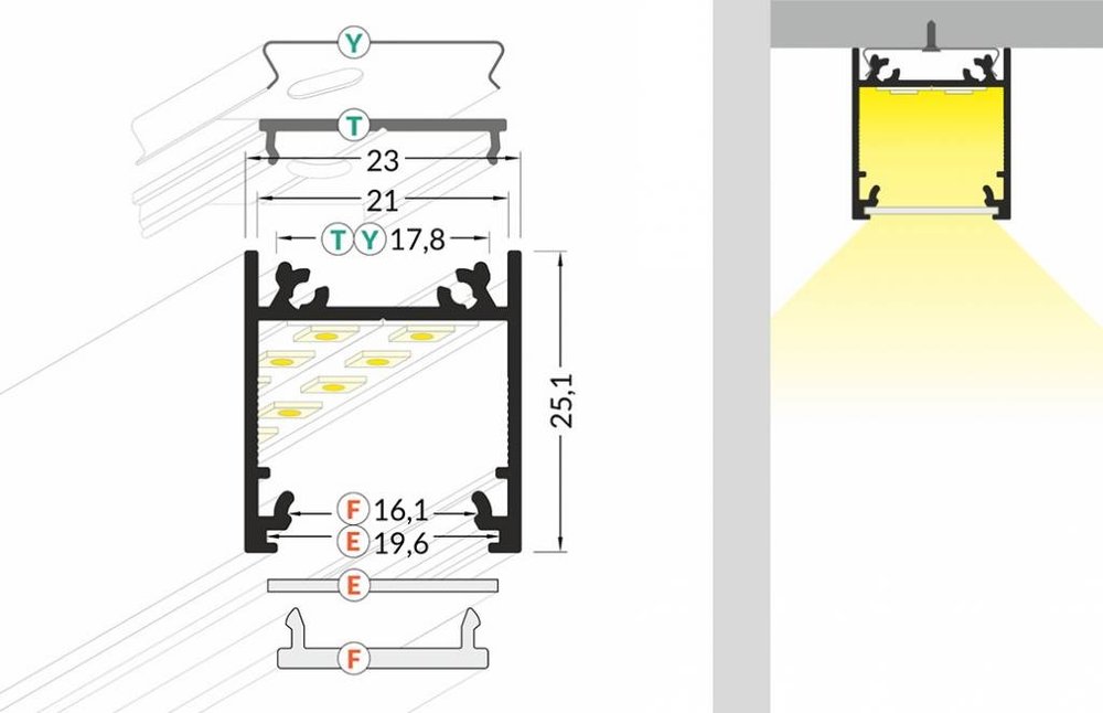 Profilé LED en saillie Agencement, signalétique, mobilier.