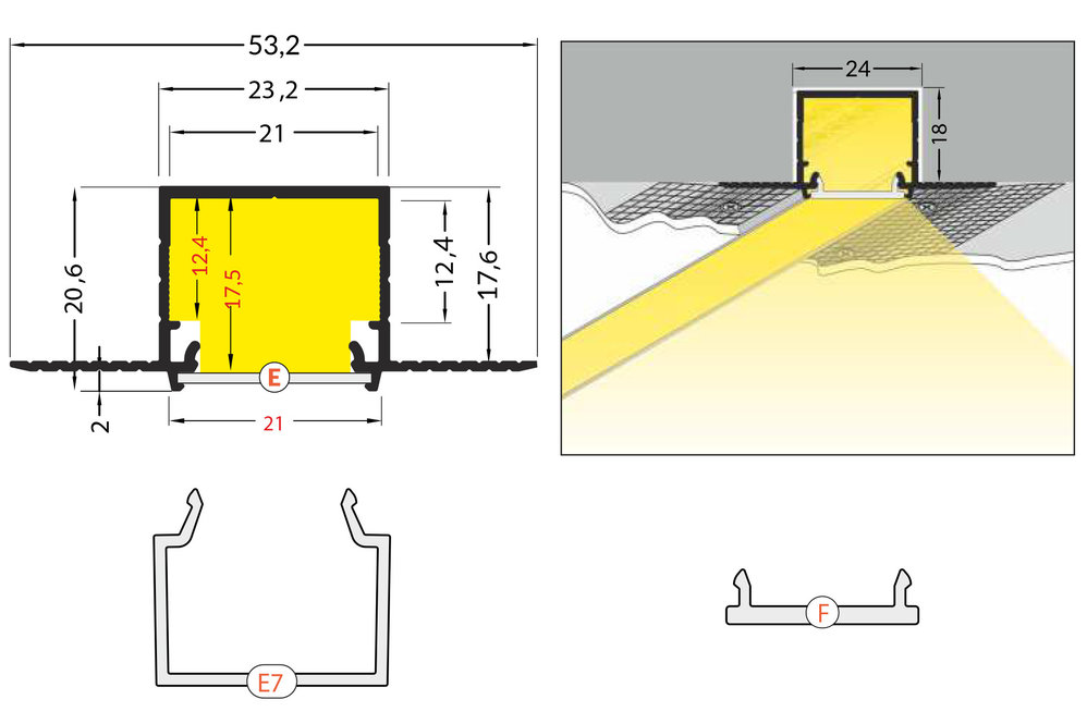 NOVA TS 20mm profilé LED enduit pour profilé a enduit et plâtre