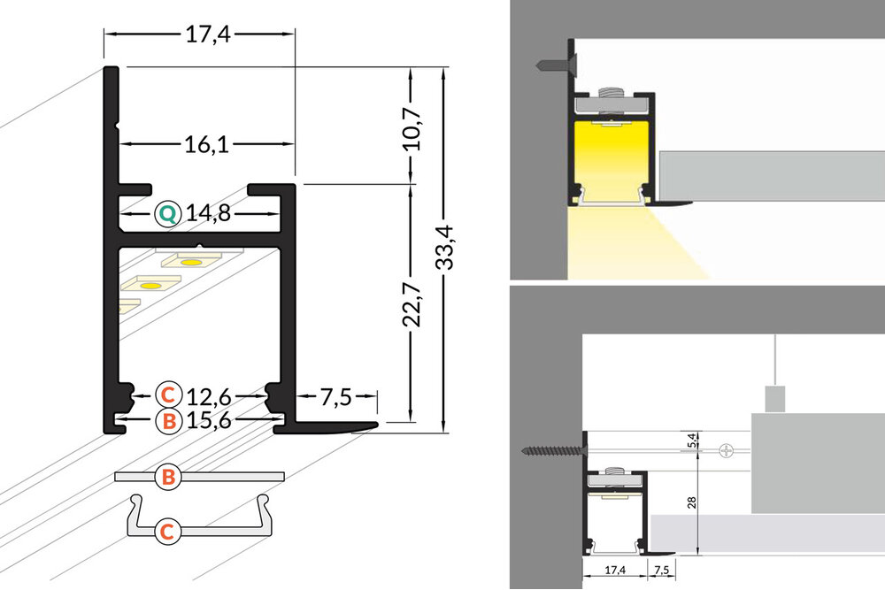 EDGE 14mm Led Profile Surface Mount 1m-2m
