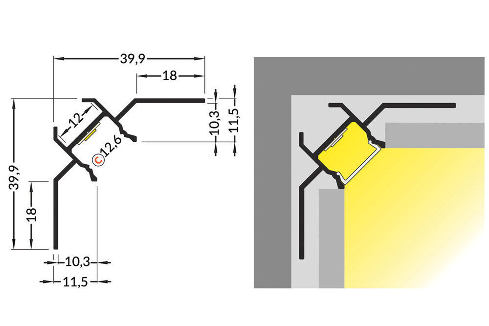 EDGE TS90 Profilé LED a carrelé 12mm pour tuiles et stucs