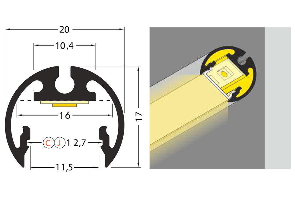 ROTO Profilé LED rond de 12mm pour montage en surface 1m-2m