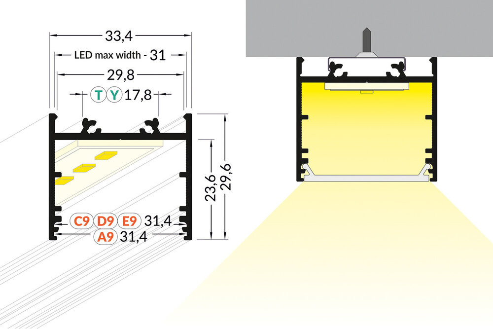 EVO302 31mm Profilé Led en saillie 1m-2m