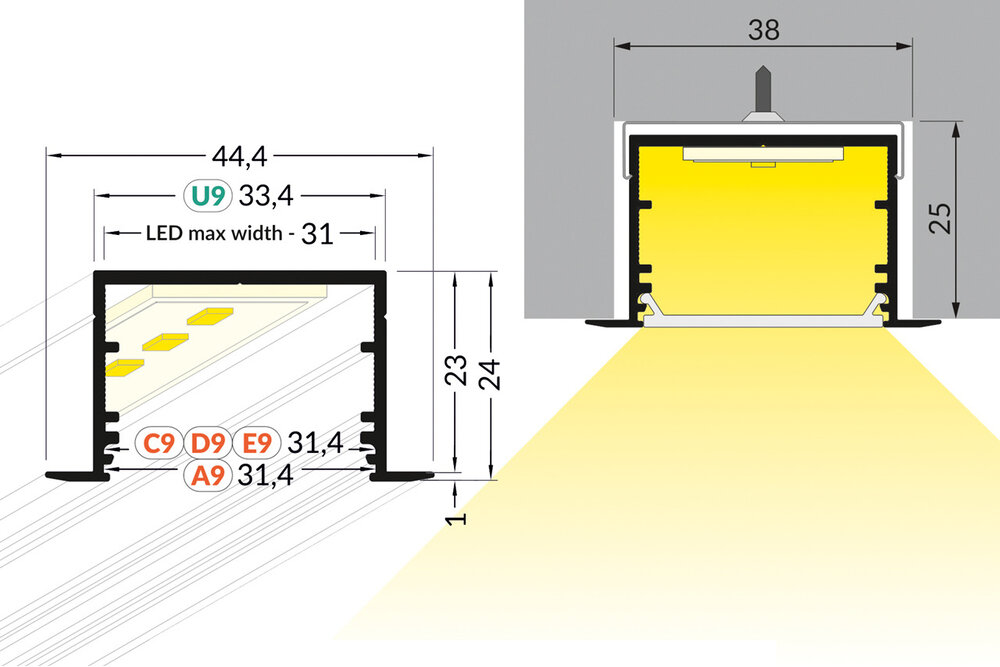 EVO307 Profilé Led encastré 31mm 1m-2m