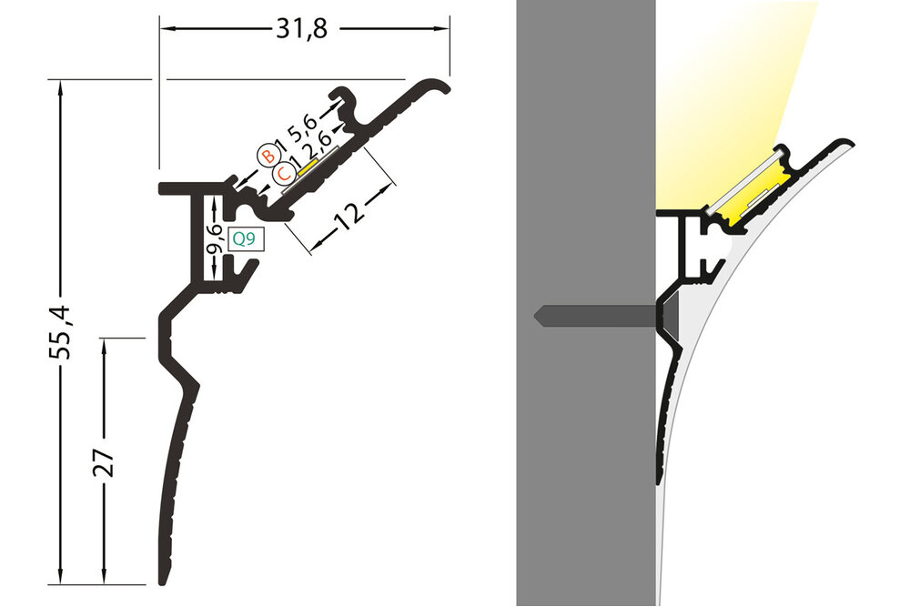 CURVA Profilé LED enduit de 12mm - Stuc profilé enduire éclairage indirect.