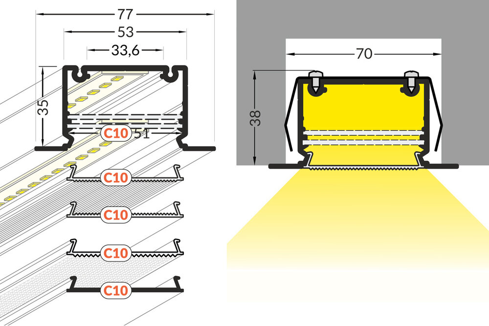 LUMAX503 Profilé Led encastré 53mm 1m-2m