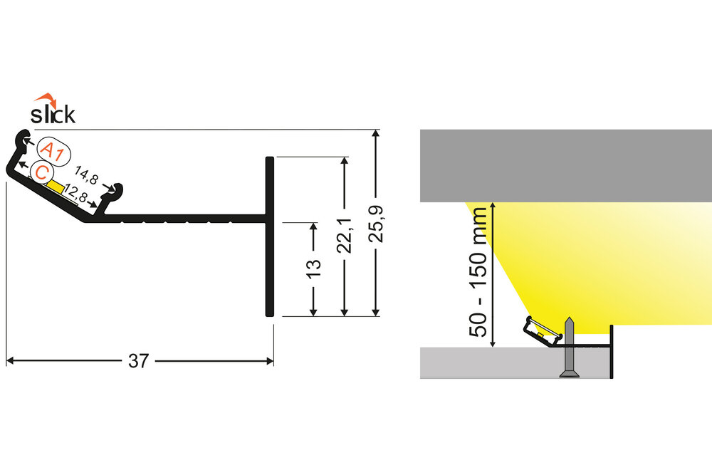 VERSO Profilé LED 12mm de montage en surface - Éclairage indirect au plafon