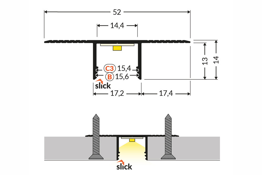 LUXI TS 14mm profilé LED encastré pour plaque de plâtre et stuc.