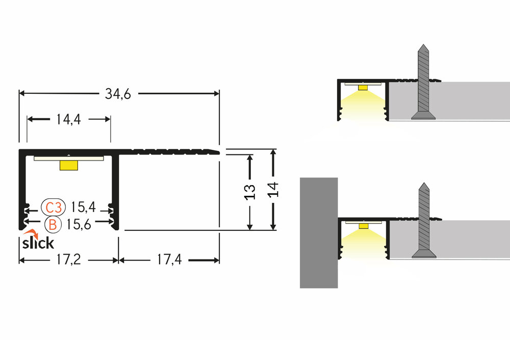 LUXA TS 14mm profilé LED encastré pour plaques de plâtre et stucs.