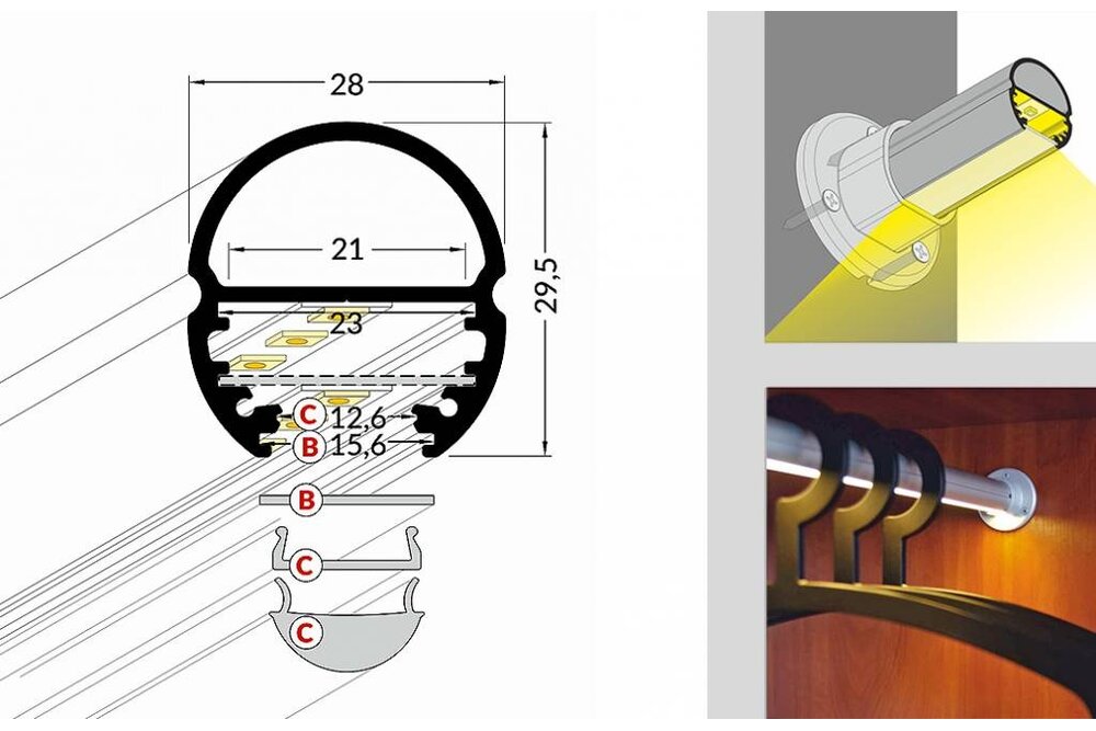 Profilé LED pour penderie ovale OBAR de 20 mm, 2 mètres