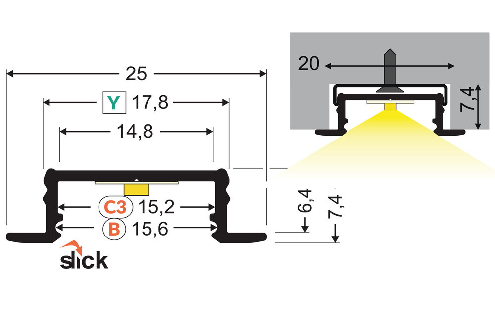 LINEA14 V2 Profilé LED encastré 14mm 2m