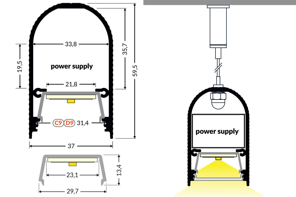HALUX Profilé LED suspendu 23mm 1m-2m