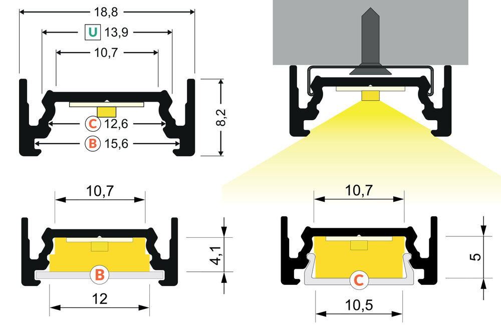 Profilé LED LINO 10mm en saillie 2m.