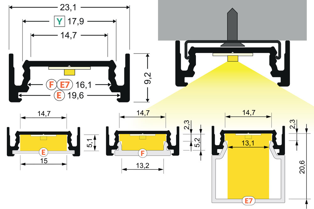 Profilé LED LINO 14mm en saillie 2m.