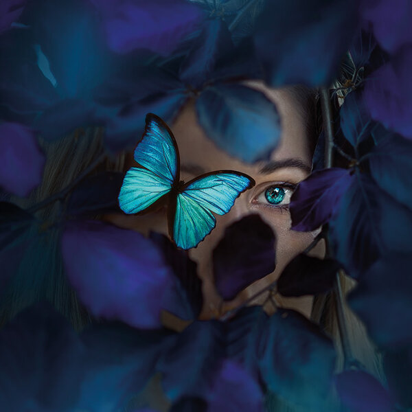 Mondiart Aluart schilderij Mondiart 'The Blue Butterfly Woman'