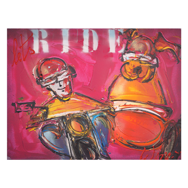 Wine art Graffiti art 'Man and dog on motorbike'