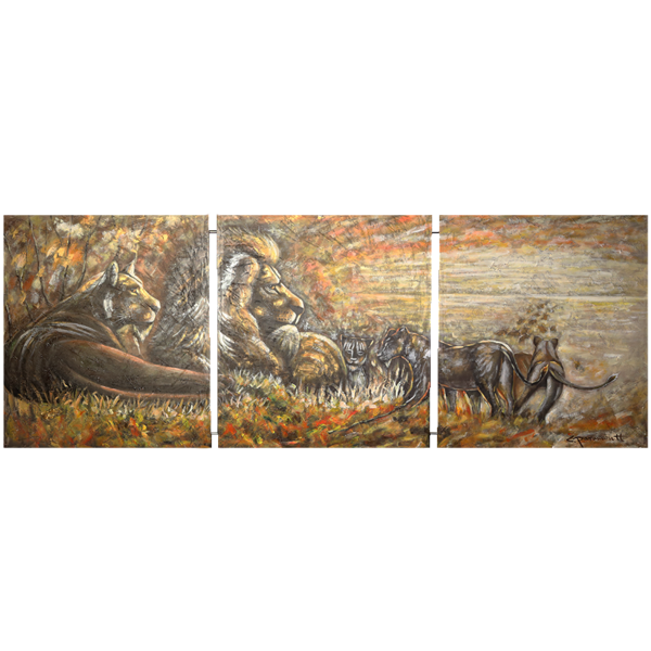 Mondiart Canvas Mondiart 'Drieluik leeuwen in de natuur'