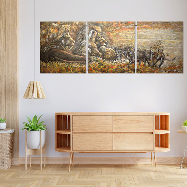 Mondiart Canvas Mondiart 'Drieluik leeuwen in de natuur'