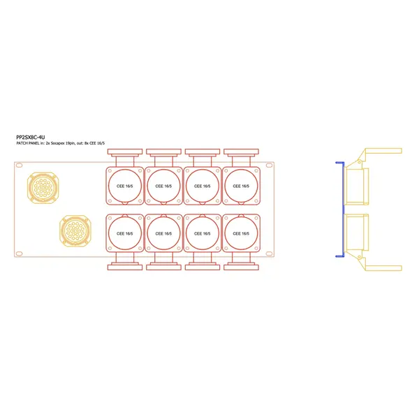 SRS Rigging* SRS Rigging | PP2SX8C | Découpage 19 pouces | Entrée : 2x Socapex | Sortie : 8x 16A CEE | Hauteur : 4HE