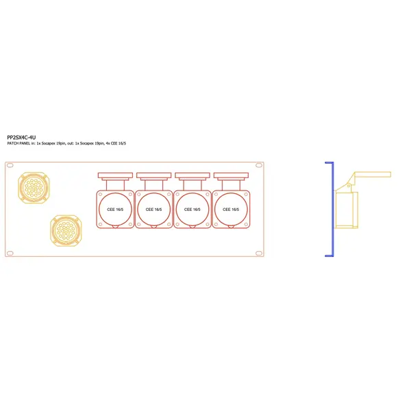 SRS Rigging* SRS Rigging | PP2SX4C | Découpage 19 pouces | Entrée : 1x Socapex | Sortie : 1x Socapex. 4x 16A CEE | Hauteur : 4HE