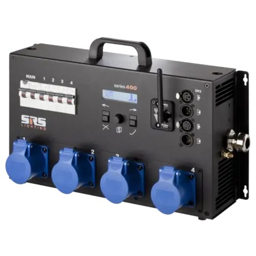 SRS Lighting* SRS Lighting | PDPN40XX-8-32 | Dimmer 4-channel | Circuit breakers: Double pole | Main: RCD | DMX 3+5pin | 32A plug | Excluding connection panel