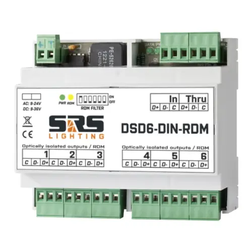SRS Lighting* SRS Lighting | DSD6-DIN-RDM | DIN-Rail RDM DMX splitter 6-channel | DMX Input: wago| DMX output: wago | Power input: wago