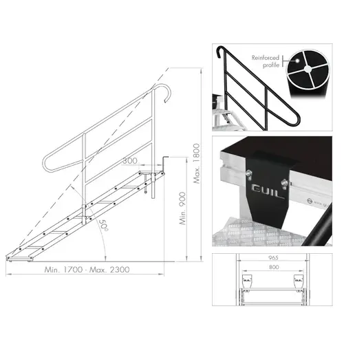 GUIL GUIL | ECP-6 | verstelbare aluminium trap (6 treden van diamantplaat) | voor podia van 90 tot 180 cm | inclusief twee leuningen en verbindingsstukken
