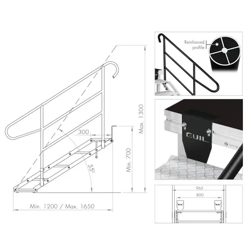GUIL GUIL | ECP-4 | escalier réglable en aluminium (4 marches en tôle losangée) | pour podiums de 70 à 130 cm | y compris deux mains courantes et connecteurs