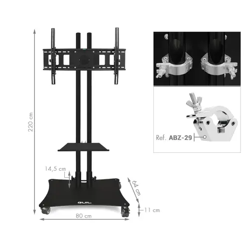 GUIL GUIL | mobile monitor stand | 32" to 65" | stainless steel supports with cable holes | including mounting set and PTR-08/B shelf
