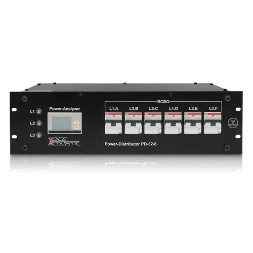 Voice-Acoustic* Voice-Acoustic | Rackmontage stroomverdeler 32A |  1x 32A | 6x powerCON of 6x powerCON TRUE 1 of 1x Harting 16p | Schuko | Digitale multi meter | 6x RCBO