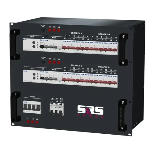 SRS Power* SRS Power | Distributeur de courant 125A | Socapex 19p | Schuko | Interrupteur principal | MCB | RCD réglable | RCBO
