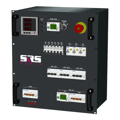 SRS Power* SRS Power | Power divider 63A | 63A | 32A 3p | 32A 5p | Schuko | Digital meter | Emergency stop | Main MCB | Digital RCD | MCB | RCBO - Copy