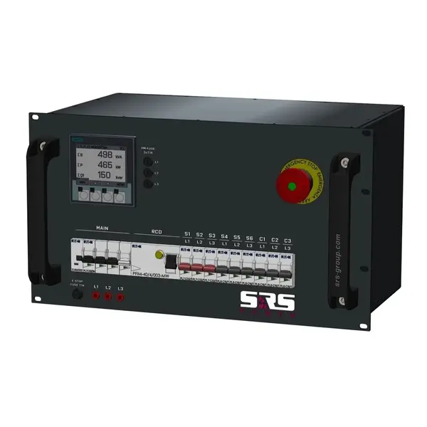 SRS Power | Power distributor 32A | 32A 3p | Schuko | Emergency stop | Digital meter | Main MCB | MCB + RCD SRS Power* SRS Power | Power distributor 32A | 32A 3p | Schuko | Emergency stop | Digital meter | Main MCB | MCB + RCD