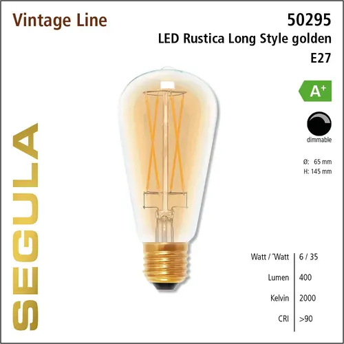 Segula* Segula | SG-50295 | Lampe LED | Vintage Rustica Long Style Golden | E27 | 400 lm | 2000 K | CRI+90