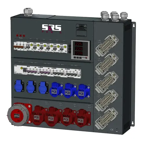 SRS Power* SRS Power | Power distributor 63A | 63A | 32A | 16A 5p | 16A 3p | Harting 16p | Schuko | Main MCB | RCD | RCBO | Digital meter