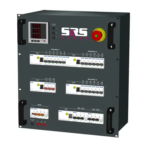 SRS Power* SRS Power | Distributeur de courant 63A | 63A | 32A 5p | 32A 3p | Socapex 19p | Schuko | MCB principal | MCB | RCD | Arrêt d'urgence