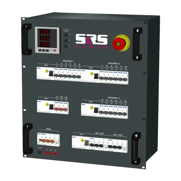 SRS Power | Current distributor 63A | 63A | 32A 5p | 32A 3p | Socapex 19p | Schuko | Main MCB | MCB | RCD | Emergency stop SRS Power* SRS Power | Current distributor 63A | 63A | 32A 5p | 32A 3p | Socapex 19p | Schuko | Main MCB | MCB | RCD | Emergency stop