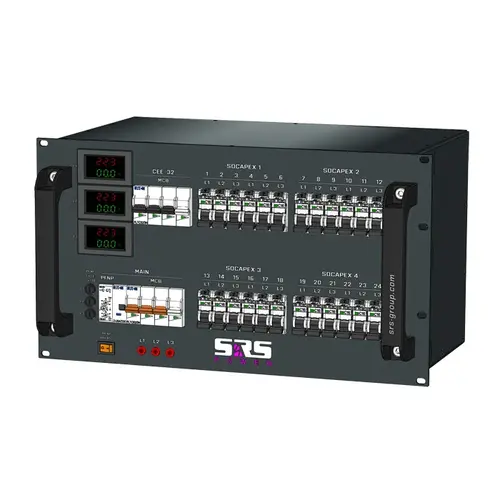 SRS Power* SRS Power | Power distribution board 63A | 32A | Socapex 19p | Schuko | VA meter | Main MCB | RCBO
